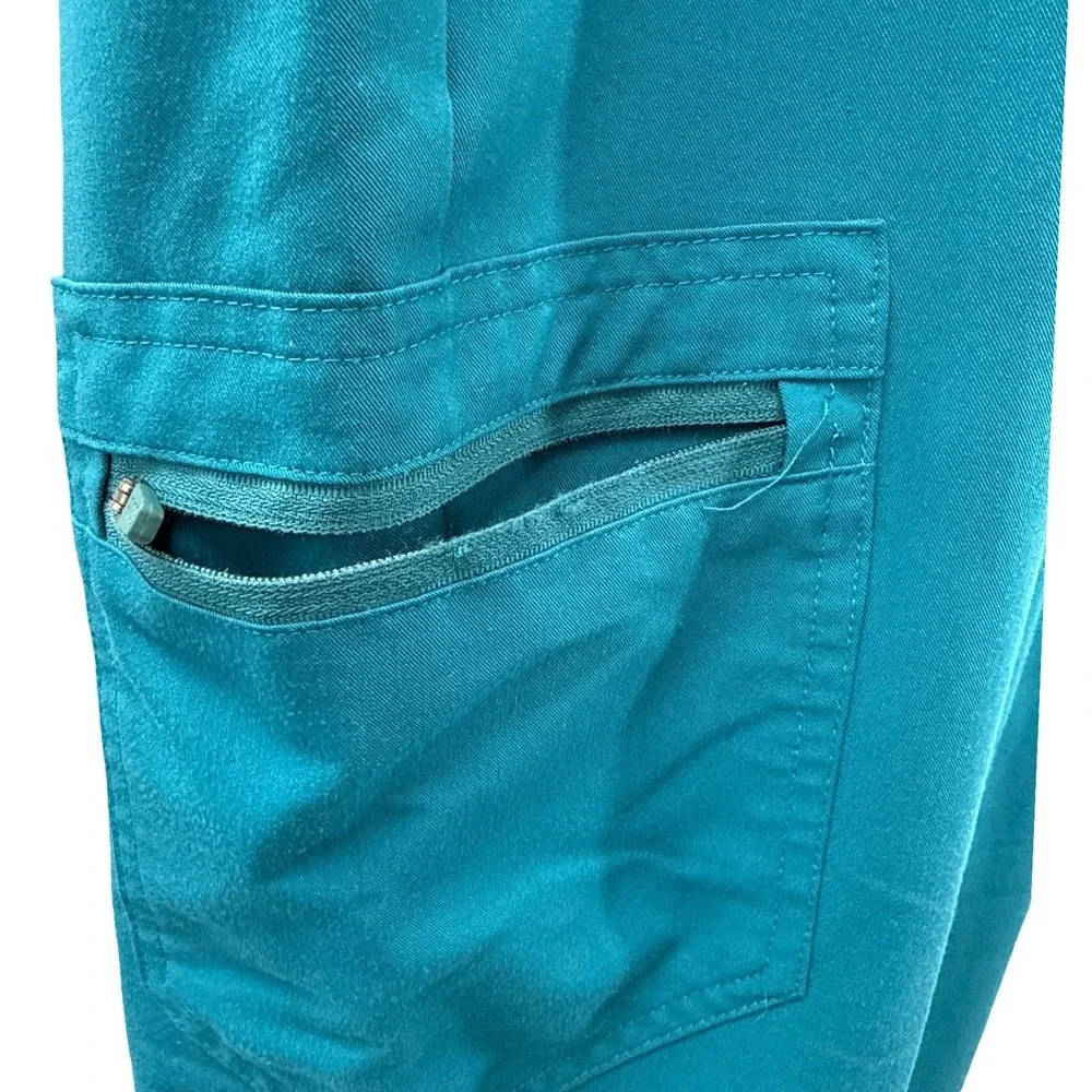 FIGS Zamora Jogger Pants‎ Size S Teal Scrub Mid Rise Cargo Pocket Zip Flawed